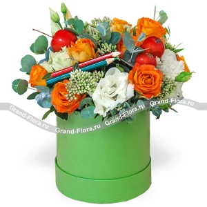 Школьный звонок - коробка с оранжевыми розами и эустомой Школьный звонок - коробка с оранжевыми розами и эустомой