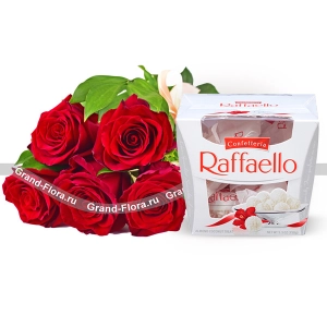 5 красных роз + Raffaello 5 красных роз + Raffaello